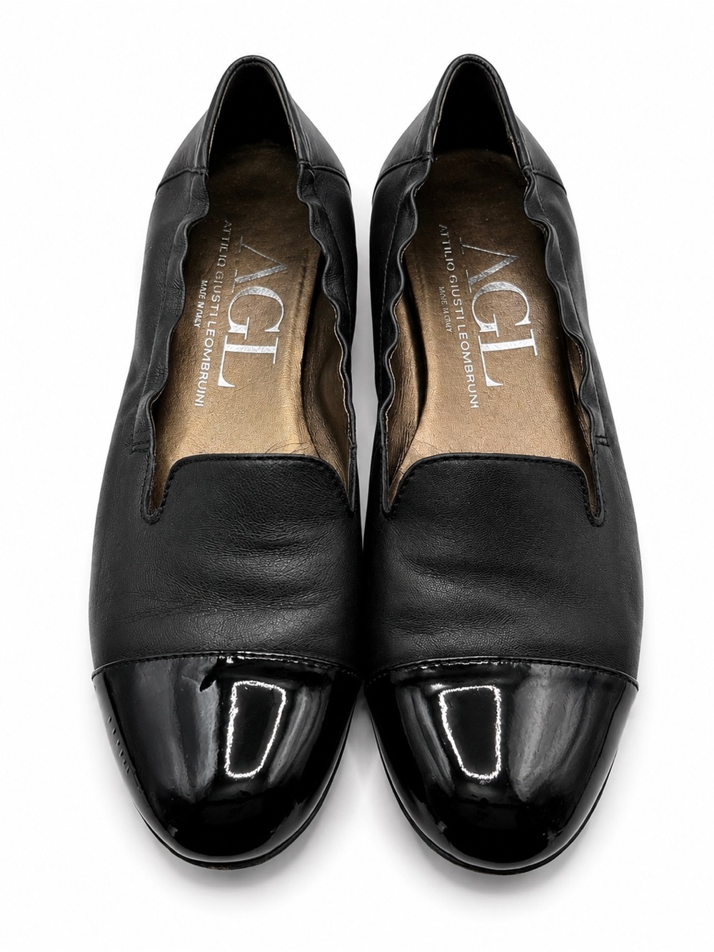 AGL Attilio Giusti Leombruni Black Leather Cap Toe Loafers Flats Shoes 38